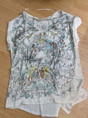Floral Bird Print White Silk & Cotton XL